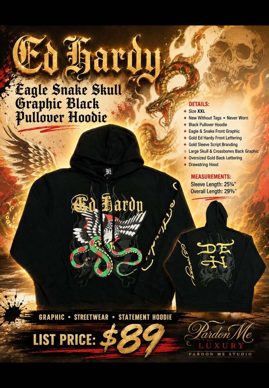 Ed Hardy Eagle Snake Skull Graphic Black Pullover Hoodie